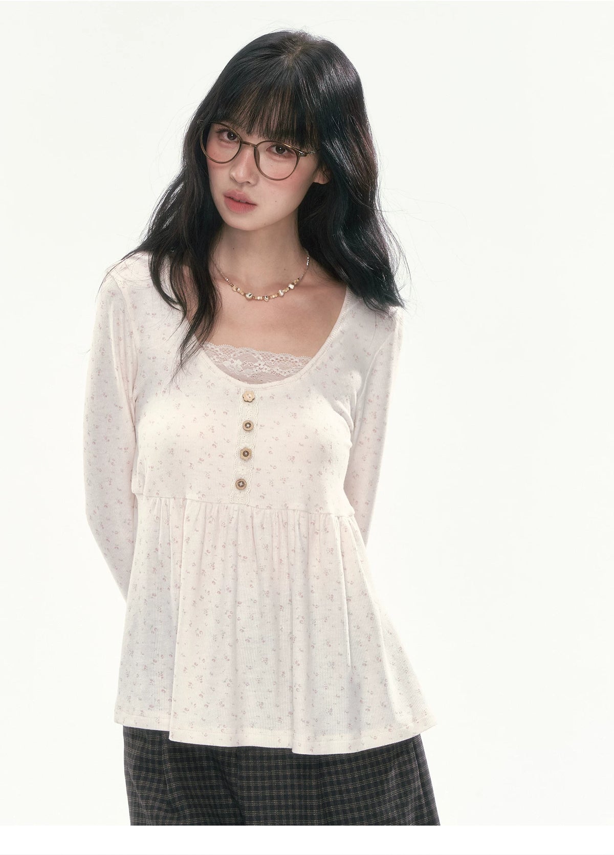 CAN - "A Meadow of Dreams" Apricot Beige Floral Lace-Trim Ruched Top