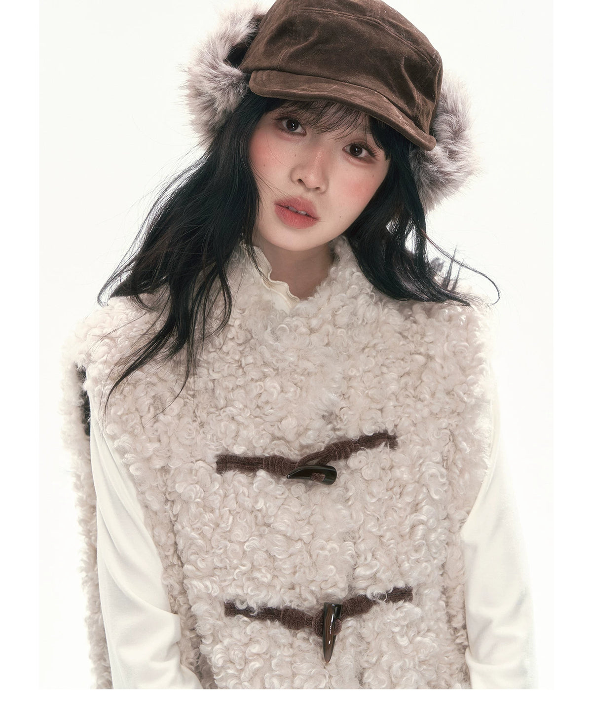 CAN - "The Velvet Alcove" Light Coffee Brown Reversible Plaid Shearling Vest