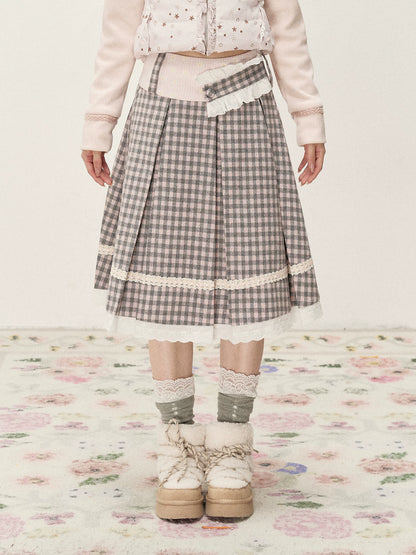 [RF] Gray & Pink Plaid A-Line Midi Skirt with Lace Trim