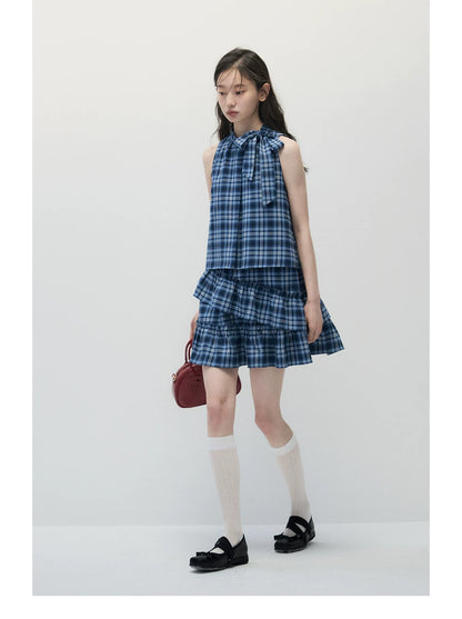 Blue Plaid Sleeveless Tiered Midi Dress with Ruffle Trim