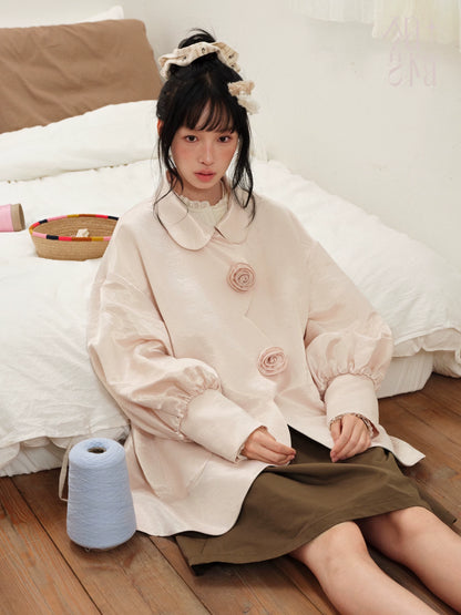 DAILY ARTIST - Soft Pink Pearl Satin Rose Bubble Sleeve Jacket