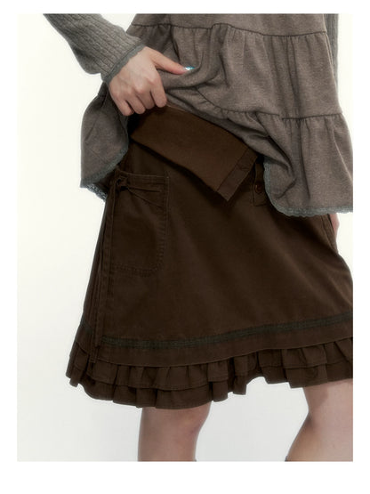 “Wild Caramel” Brown Washed Layered Ruffle Bow Pocket A-Line Skirt