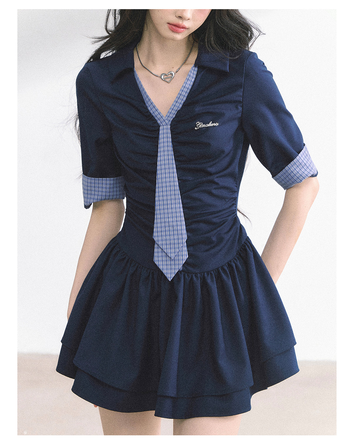 少也眼 "London Chronicle" Structured Plaid Puff-Sleeve Mini Shirt Dress - Navy Blue
