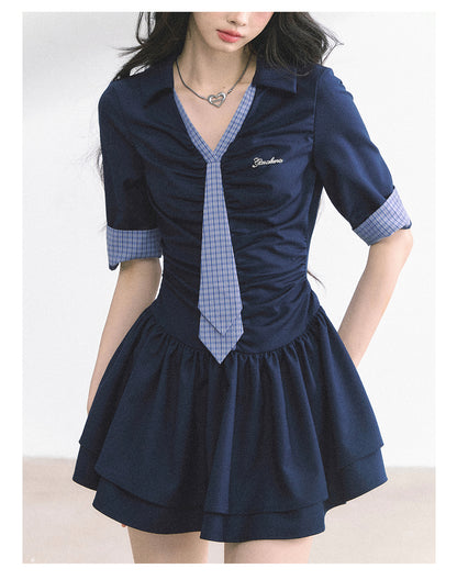 少也眼 "London Chronicle" Structured Plaid Puff-Sleeve Mini Shirt Dress - Navy Blue