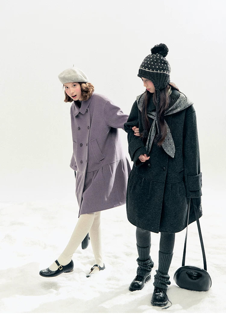 "Winter Chime" Double-Breasted Quilted Wool-Blend Coat (Smoky Purple/ Ash Gray)