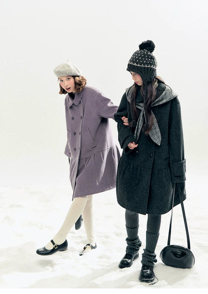 "Winter Chime" Double-Breasted Quilted Wool-Blend Coat (Smoky Purple/ Ash Gray)