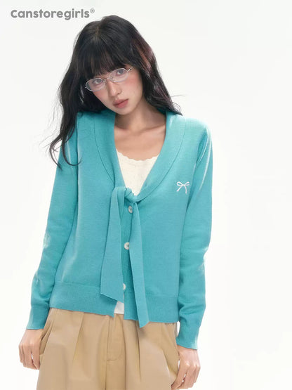 [CAN] Bow Embroidery Knit Cardigan (Blue / Yellow)