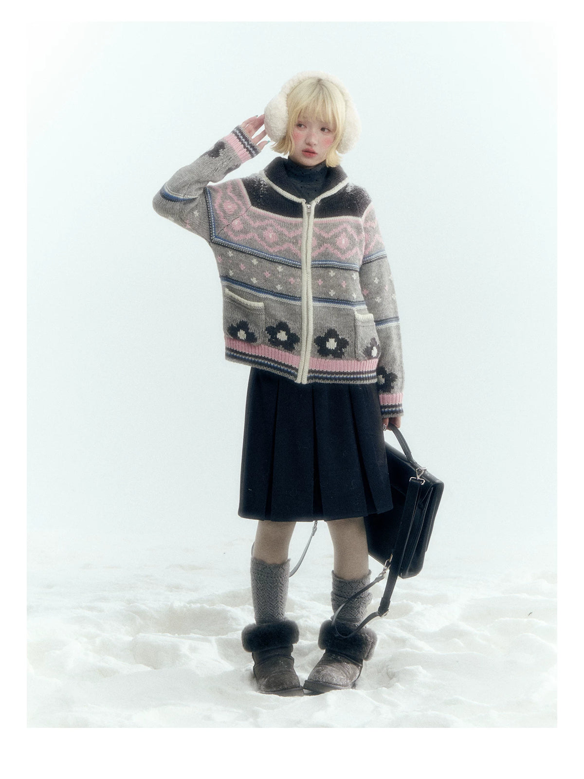 Horridale - Gray Pink Fair Isle Floral Zip-Up Knit Cardigan