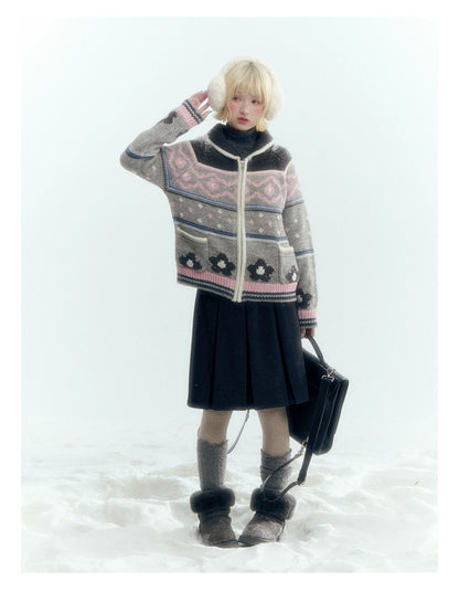 Horridale - Gray Pink Fair Isle Floral Zip-Up Knit Cardigan