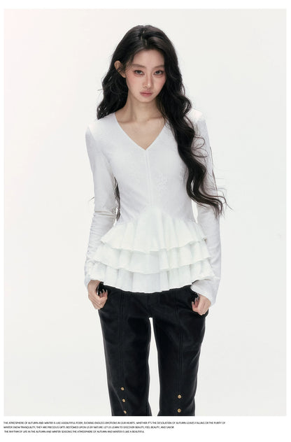 24olvides - V-Neck Lace Top with Tiered Hem (White / Khaki)