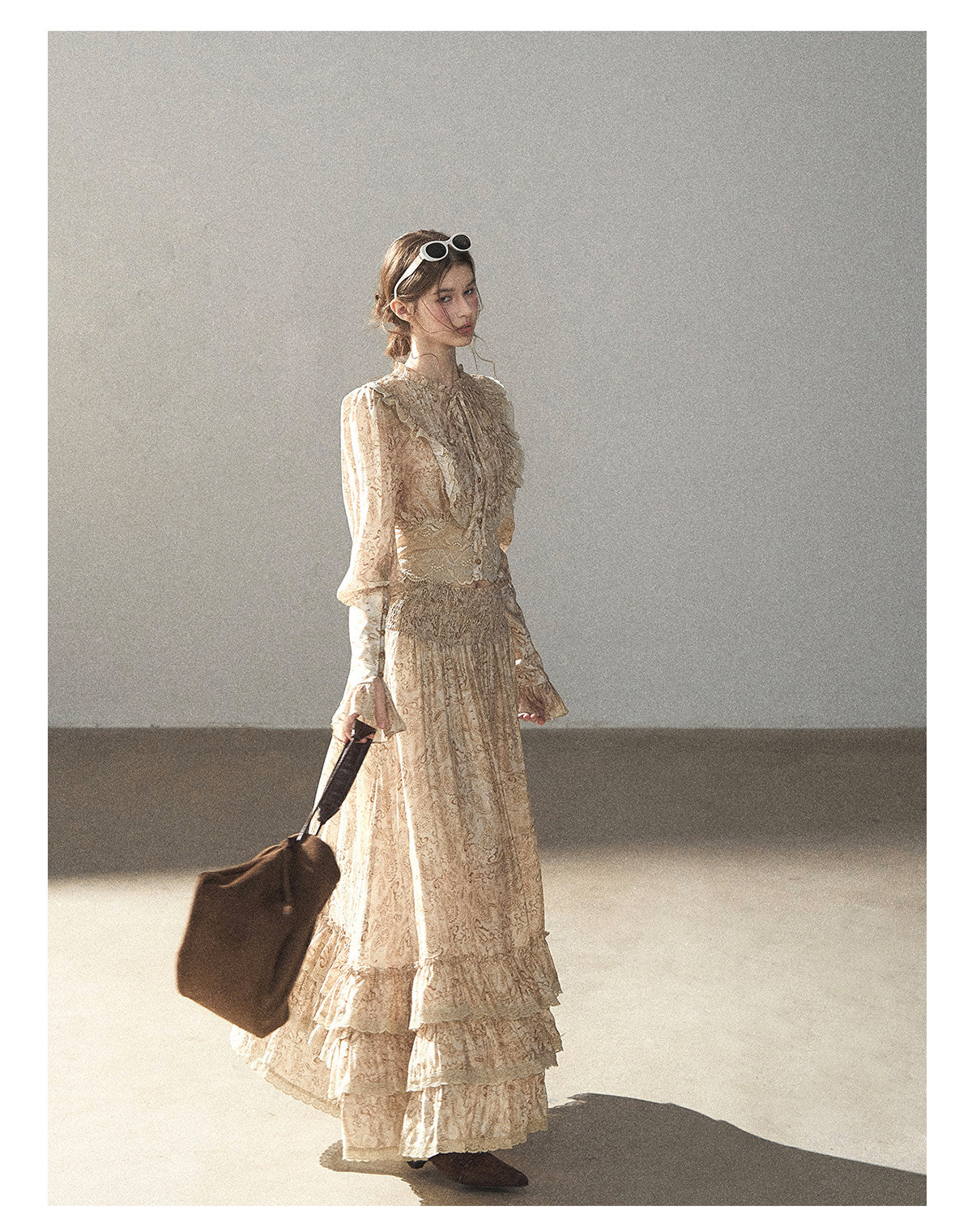 170726 "Growing an Autumn Breeze" Milk Tea Floral Blouse & Maxi Skirt Set