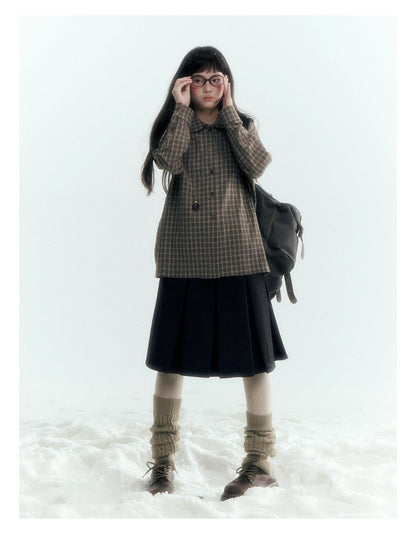 Horridale - Brown Khaki Plaid Embroidered Peter Pan Collar Shirt