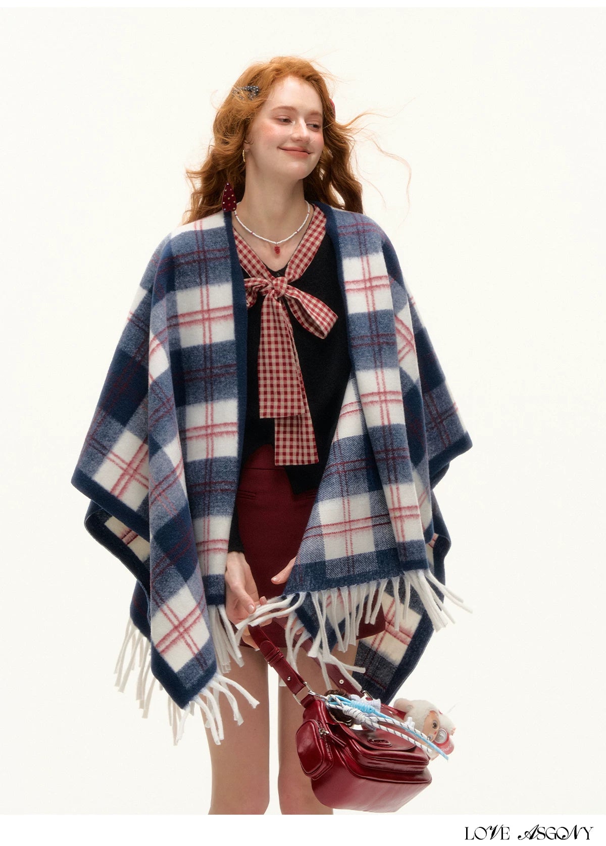ASGONY - Navy Plaid Fringe Wrap Scarf