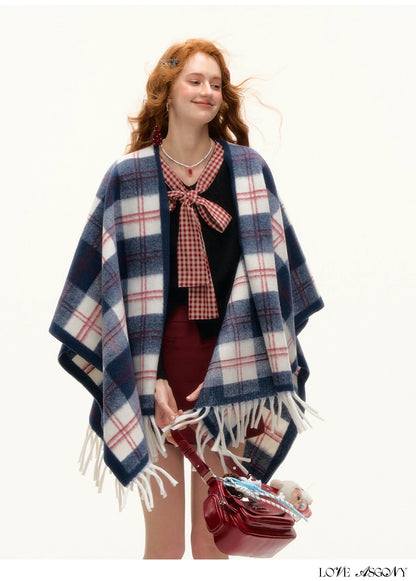 ASGONY - Navy Plaid Fringe Wrap Scarf