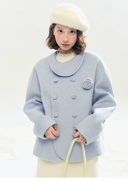 "Rose Manifesto" Frosted Blue Double-Breasted Quilted Wool-Blend Peacoat