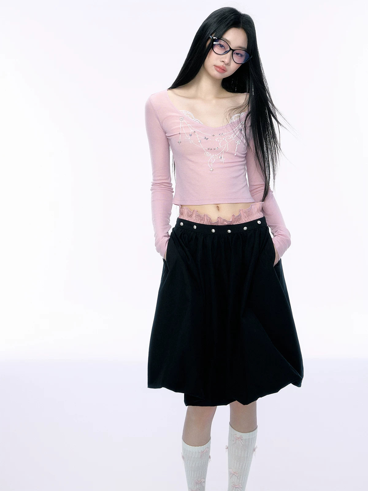 JN's DESIGN - Black Bubble Hem Skirt with Pearl Button Detail