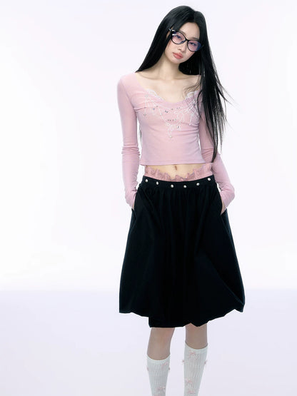 JN's DESIGN - Black Bubble Hem Skirt with Pearl Button Detail