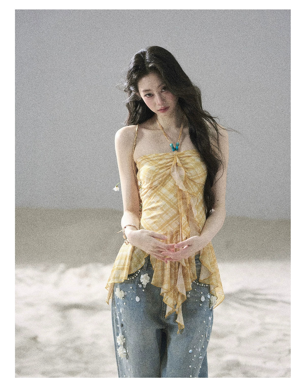 "Fields of Provence" Goose Yellow Halter Plaid Waist-Cinched Top