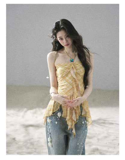 "Fields of Provence" Goose Yellow Halter Plaid Waist-Cinched Top