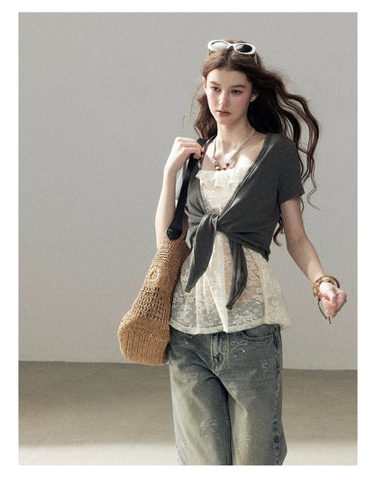 "Beyond the Morning Mist" Dutch Cream Lace Cami & Silver Mouse Gray Sheer Cardigan Set