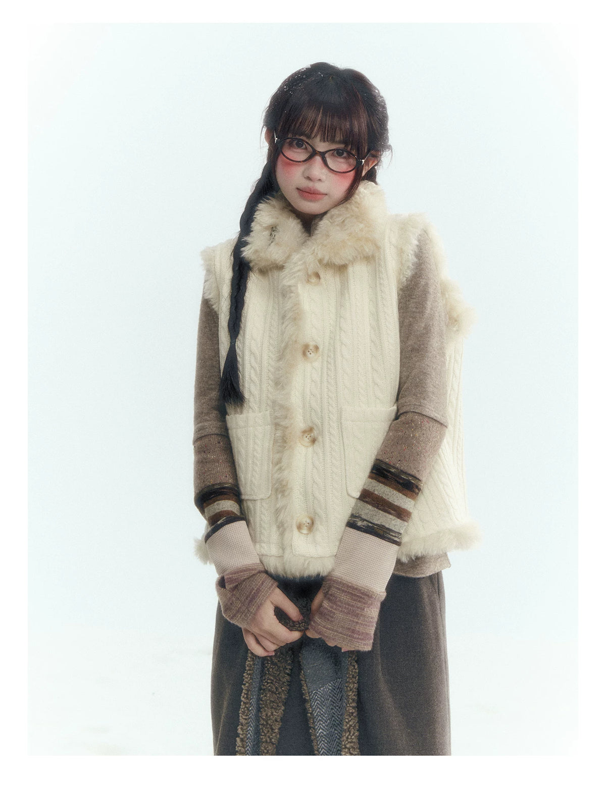 Horridale - Cream Beige Reversible Knit Vest with Detachable Bow