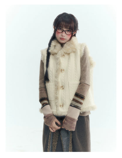 Horridale - Cream Beige Reversible Knit Vest with Detachable Bow