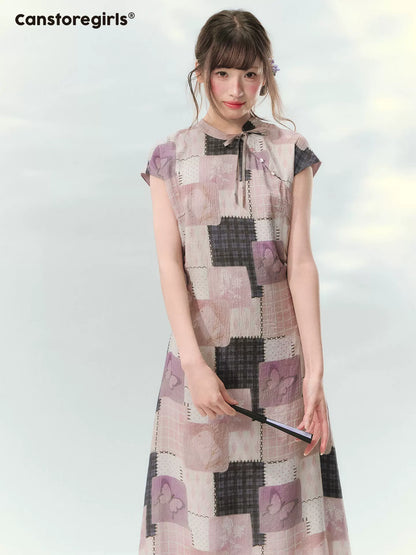“Wisteria Poetry” Purple Patchwork Print Cheongsam Dress