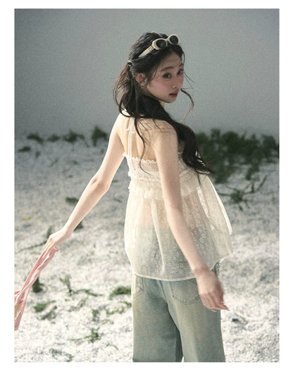 “Shattered Glasslight Veil” Cream Lace Halter Twinset Top