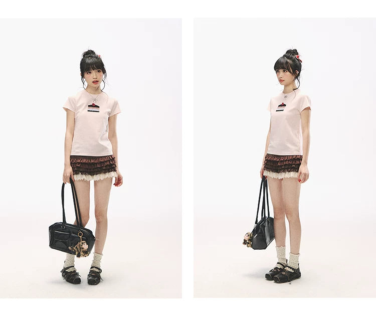 "Strawberry Shortcake Mood" Peach Pink Patchwork Cake Graphic Cotton Tee