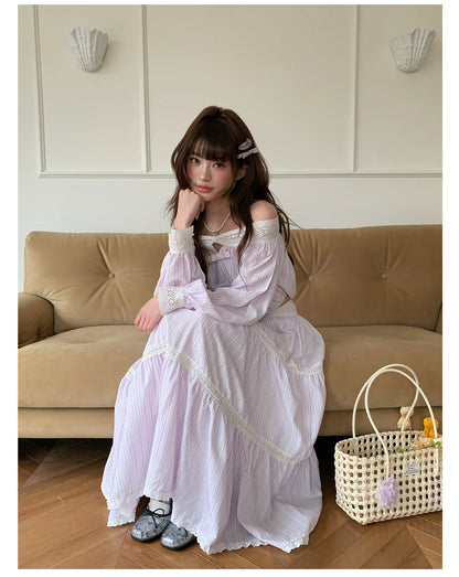 “Misty Blossom Reverie” Light Purple Off-Shoulder Top & Lace Trim Skirt