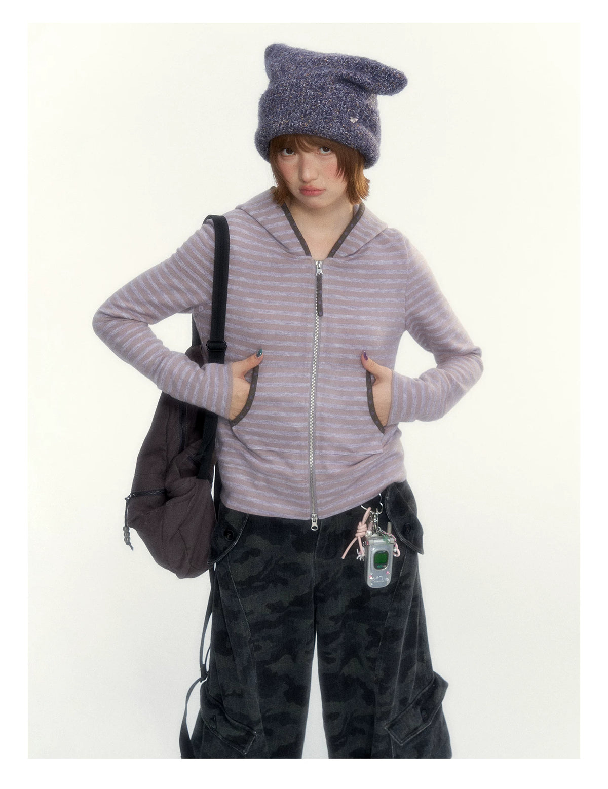 Dusty Purple Stripe Hooded Knit Cardigan