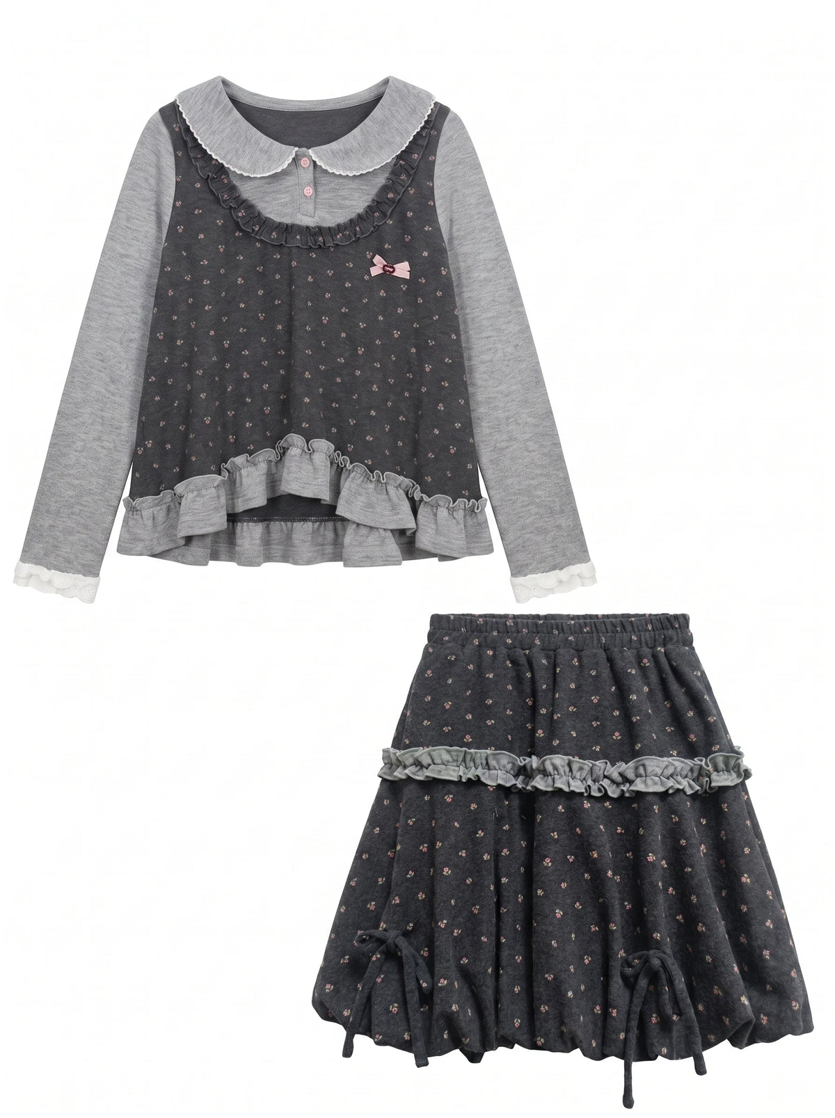 [[RF] “Gray-Toned Layered Charm” Gray Floral Two-Piece Skirt Set