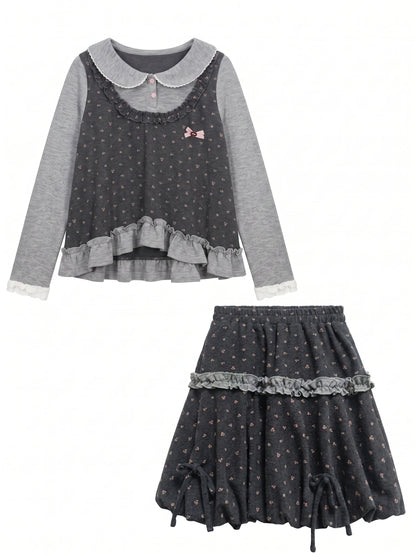 [[RF] “Gray-Toned Layered Charm” Gray Floral Two-Piece Skirt Set