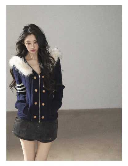 AOMALM - Blue Hooded Cable-Knit Sweater Jacket with White Stripes