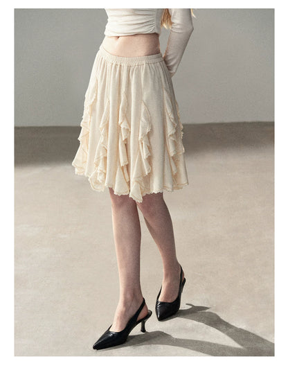 AOMALM - Cloud-Shaped French Lace Ruffle Midi Skirt – Elegant Autumn Maxi