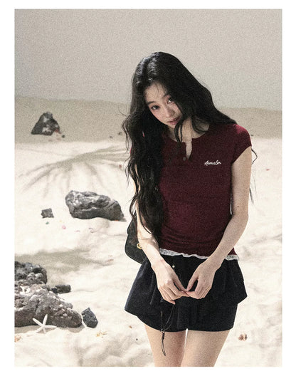"Letter from the Tides" Burgundy Red Faux Two-Piece Lace Waist-Fit Crop Top 452436