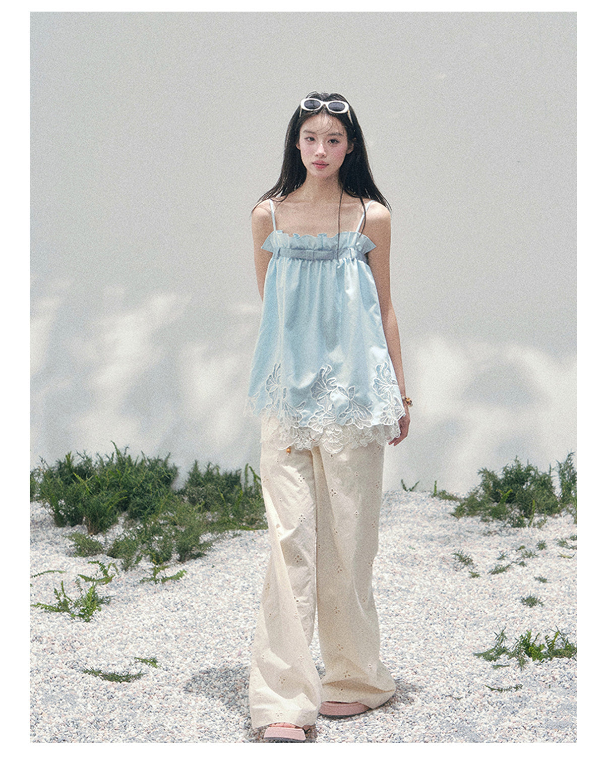 “Bouquet Summer” Glacier Blue Lace Babydoll Top