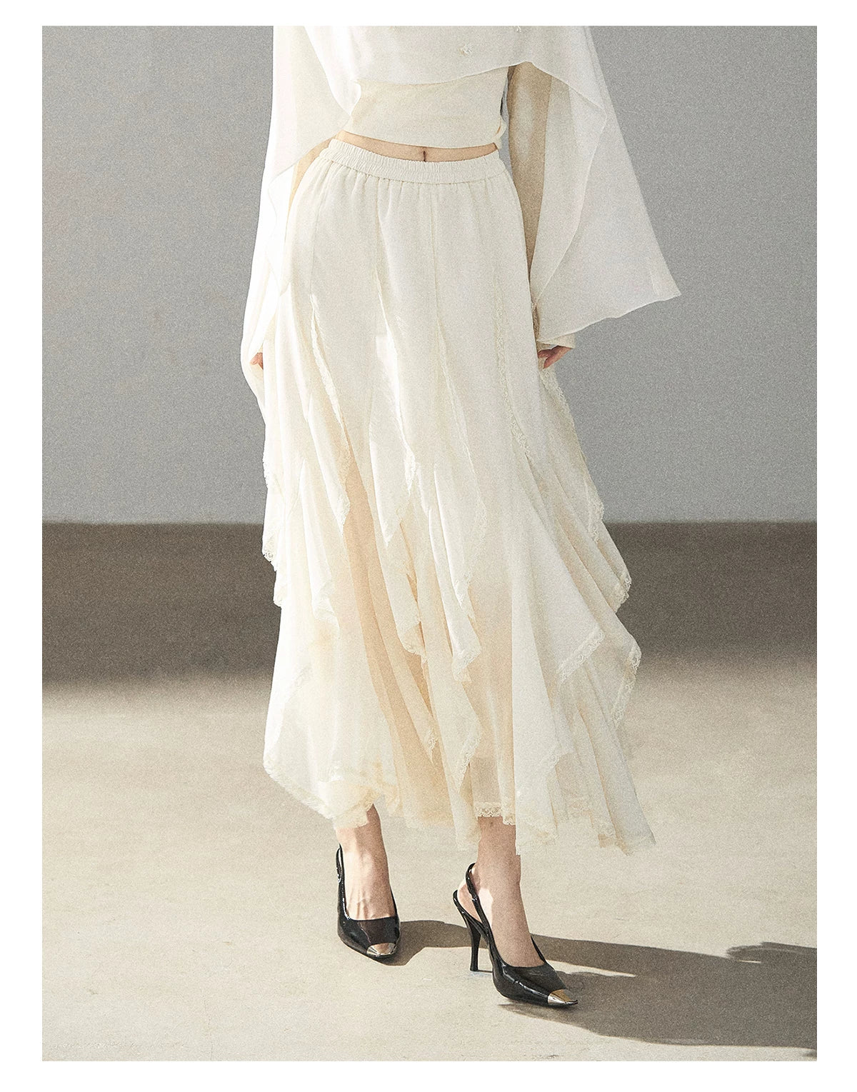 AOMALM - Cloud-Shaped French Lace Ruffle Midi Skirt – Elegant Autumn Maxi