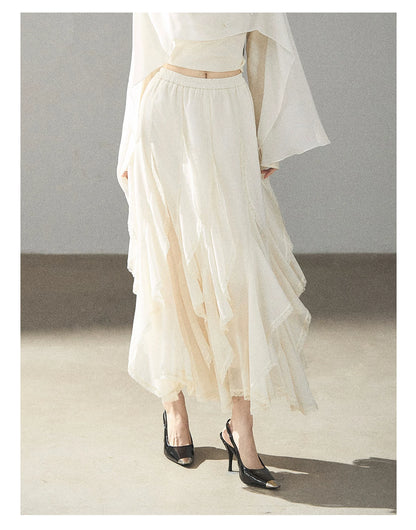 AOMALM - Cloud-Shaped French Lace Ruffle Midi Skirt – Elegant Autumn Maxi