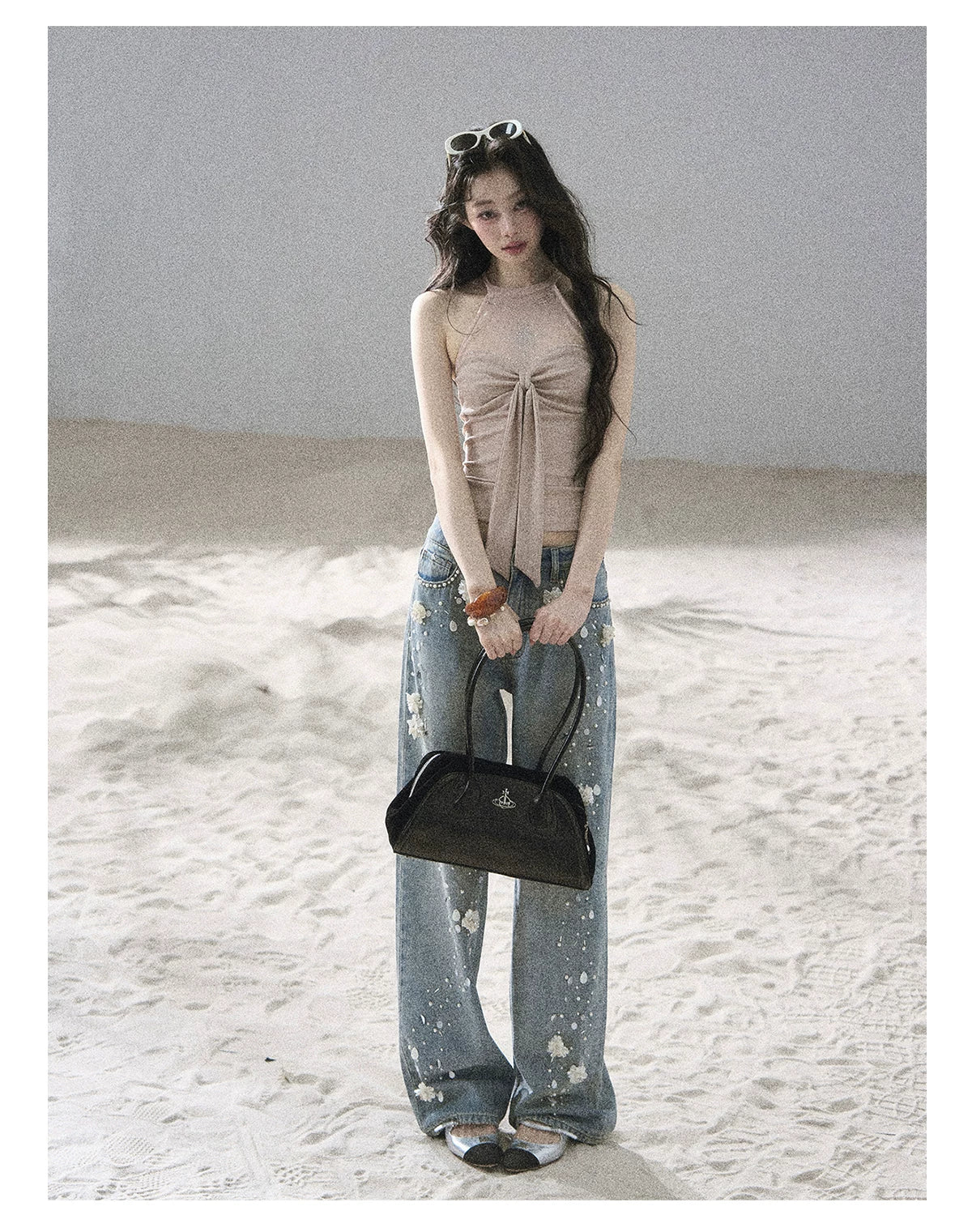 "Galaxy in Your Eyes" Milk Tea Halter Mesh Knit Top