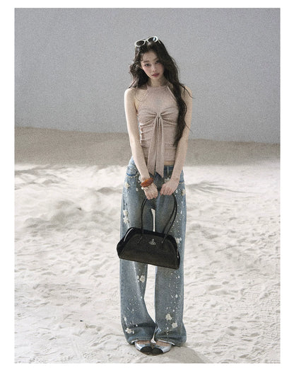 "Galaxy in Your Eyes" Milk Tea Halter Mesh Knit Top