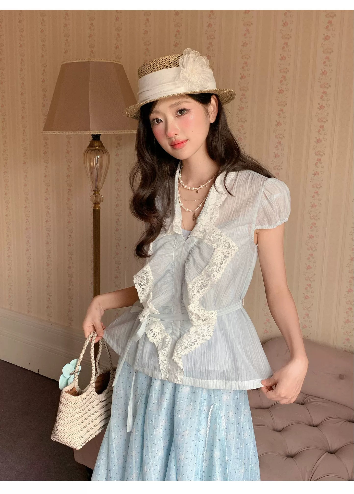 “Blue Breeze Sonata” Blue Ruffle Lace Blouse