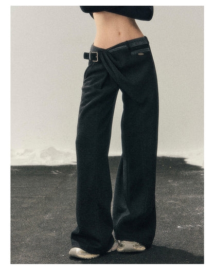 少也眼 “She Passes Through Winter” Fleece-Lined Wide-Leg Trousers with Belt Detail - Deep Rock Gray