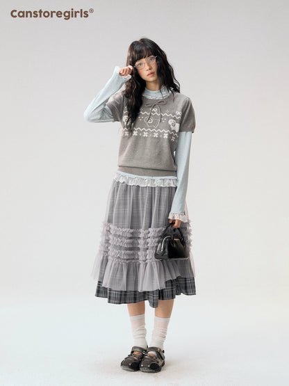 [CAN] "Little Lamb Adventure" Gray Jacquard Bow-Detail Short Sleeve Knit Top