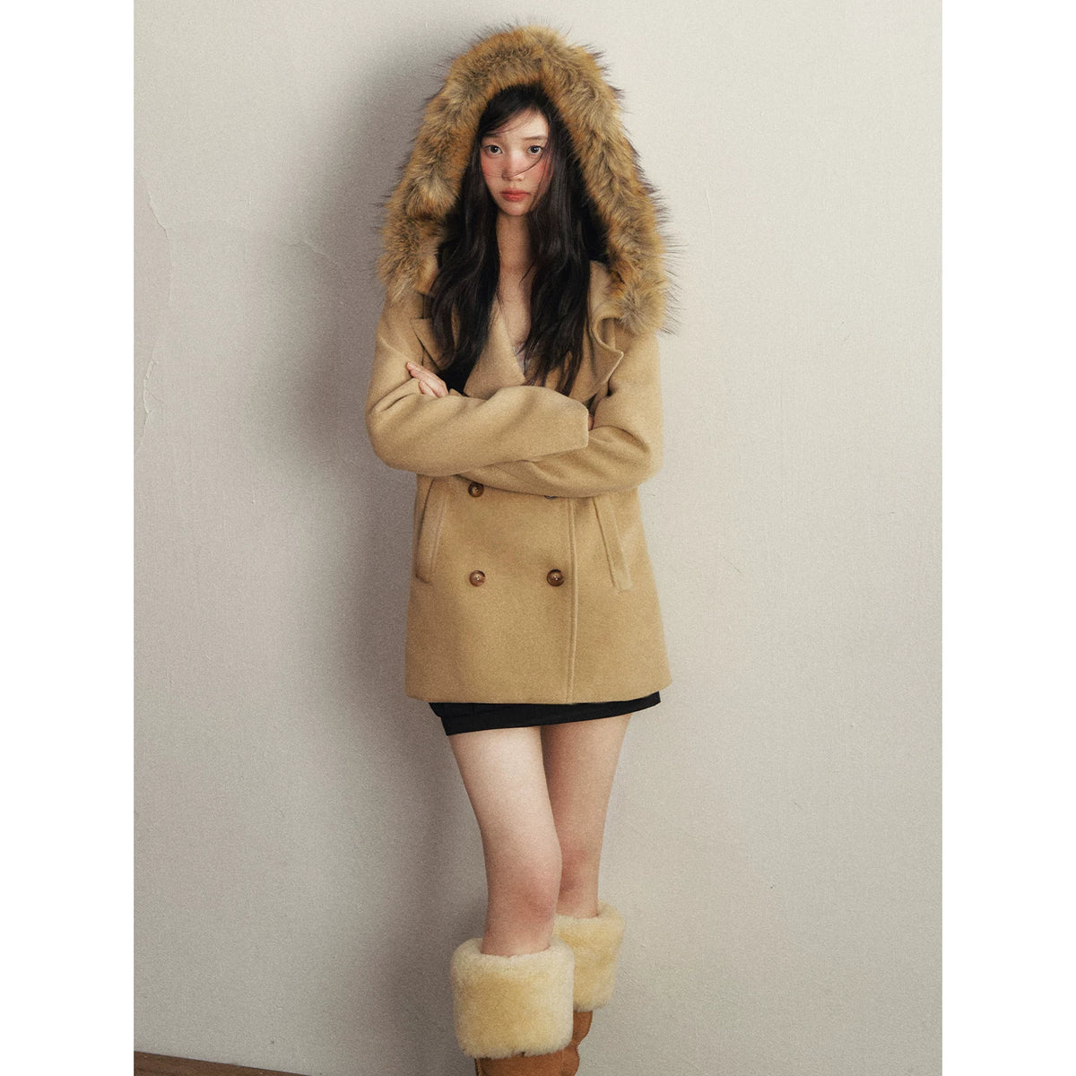 1P - Faux Fur Collar Double-Breasted Wool-Blend Coat