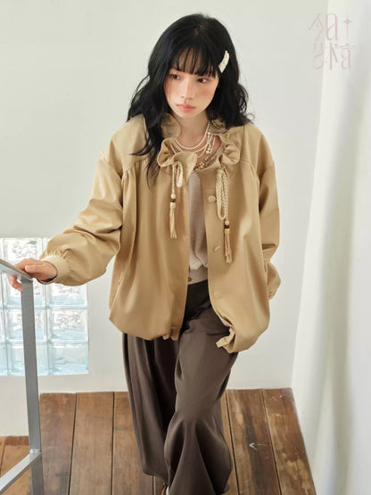 DAILY ARTIST - Champagne Ruffle Stand-Collar Drawstring Jacket