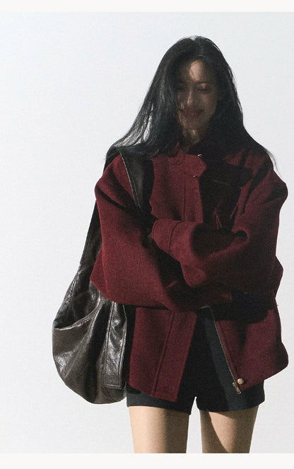 OAKMOO/ "Plum Blossom Mood" Angora Red Wool-Blend Harrington Jacket