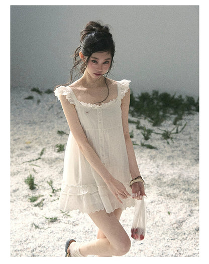 "Shimmer Along the Hem" Cloud White Lace Flutter Sleeve Babydoll Mini Dress 53413
