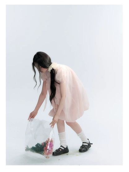 "Little Princess" Strawberry Pink Lace Bow Bubble Hem Midi Dress