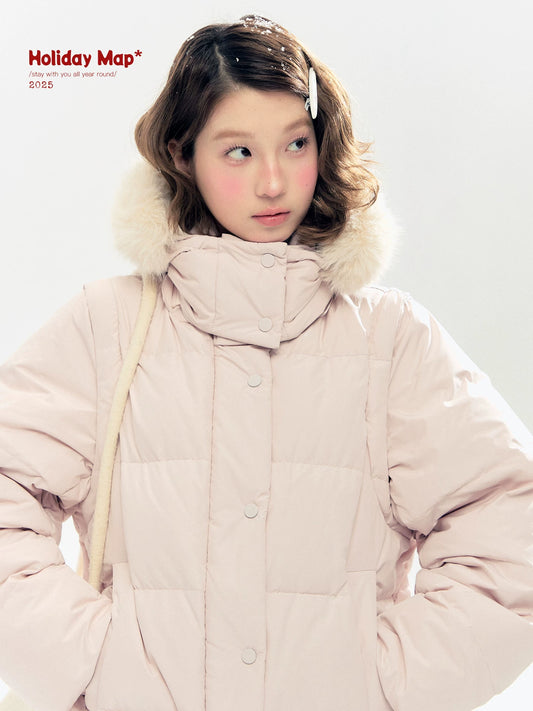 "Blush Cloud Haven" Misty Pink 2-Way Detachable Sleeve Down Jacket & Vest